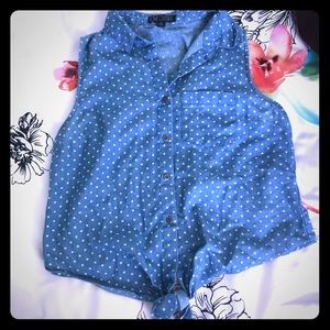 Blue Polkadot Crop Top with Buttons and a Tie